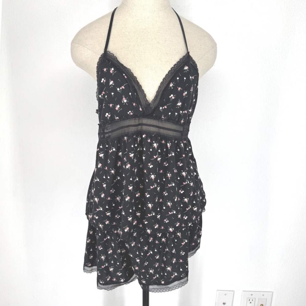 Victorias Secret Black Floral Lace Trim Pajama Set XL‎ Cami Shorts 2 Piece Sleep